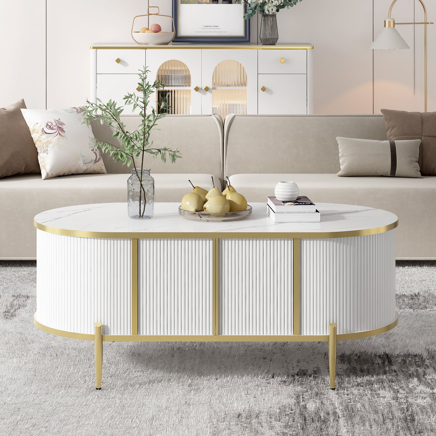 Modern Luxury Living Room Coffee Table: Oval Fluted, Marble - Patterned Top