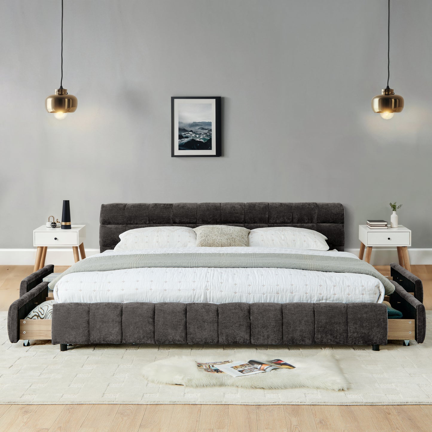 California King size Upholstered Bed Frame, Chenille fabric with headboard and solid bed frame. With drawer for storage