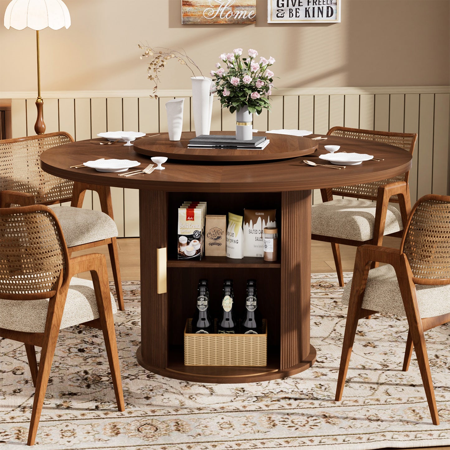 Round dining table with featuring a double-tiered storage rack and a rotating tabletop tray