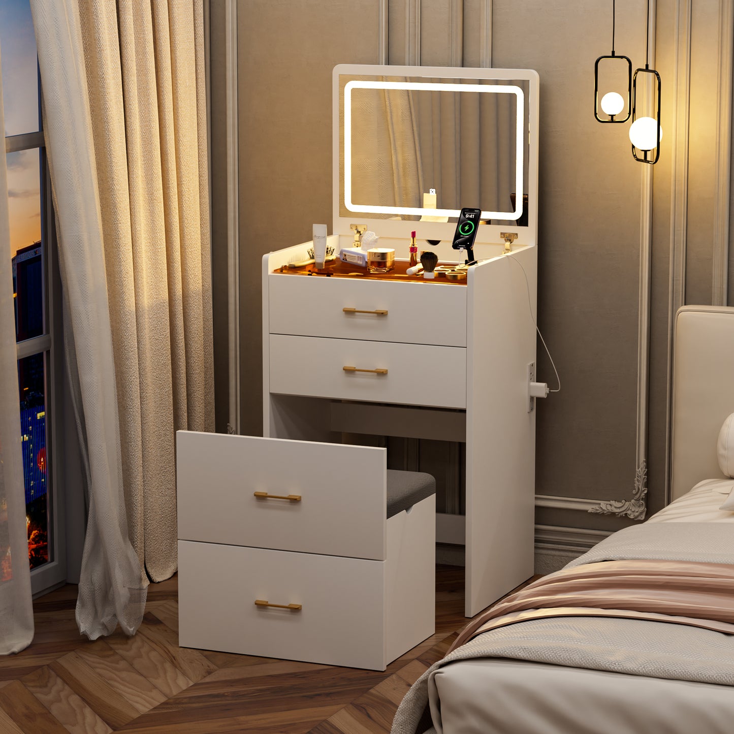 23.6'' Wide Makeup Vanity Table: Flip - Top Lighted, 3 - in - 1 with Storage Stool, Glass, LED, Power Outlet