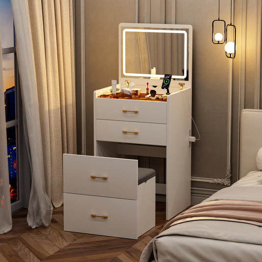 23.6'' Wide Makeup Vanity Table: Flip - Top Lighted, 3 - in - 1 with Storage Stool, Glass, LED, Power Outlet