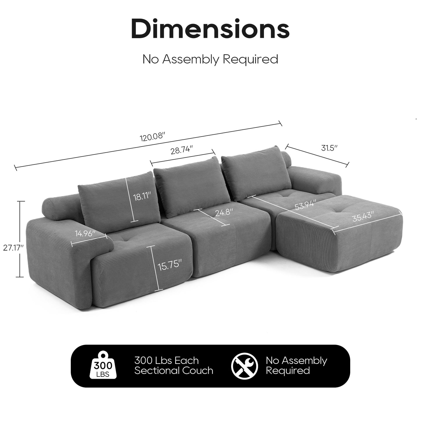 L-Shaped Sectional Sofa Bed – No Assembly, Memory Foam, Steel Frame (Grey/Green)