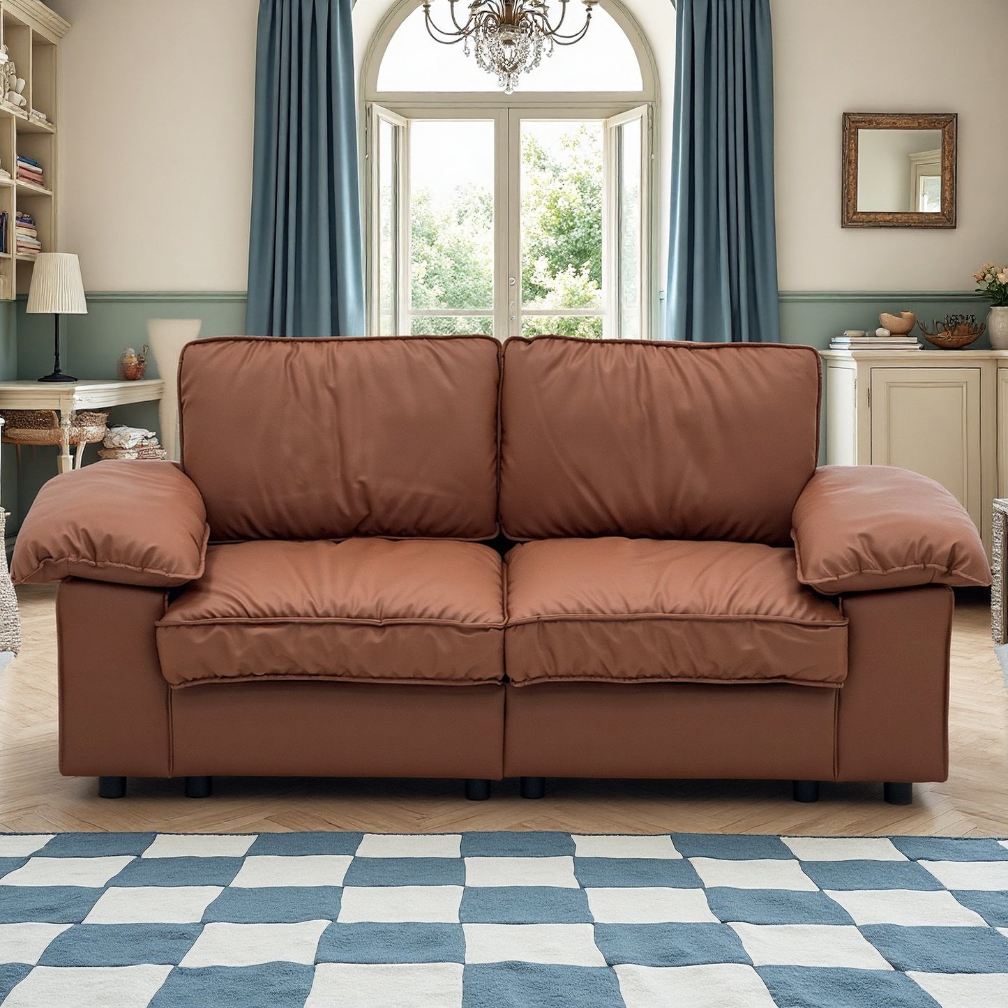 Brown Faux Leather Storage Sofa, 2-Seater Couch with Hidden Compartment for Small Spaces