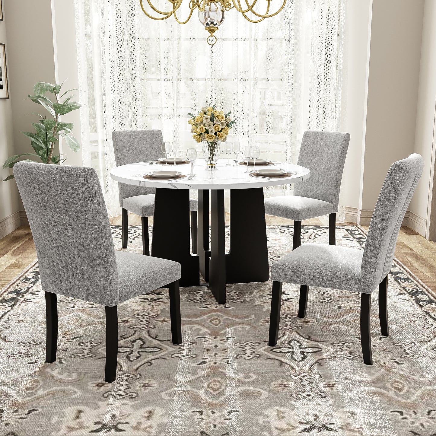 5 - Piece Round Dining Table Set: 43 - Inch Modern Table with 4 Upholstered Chairs, Easy Assembly for Dining Room