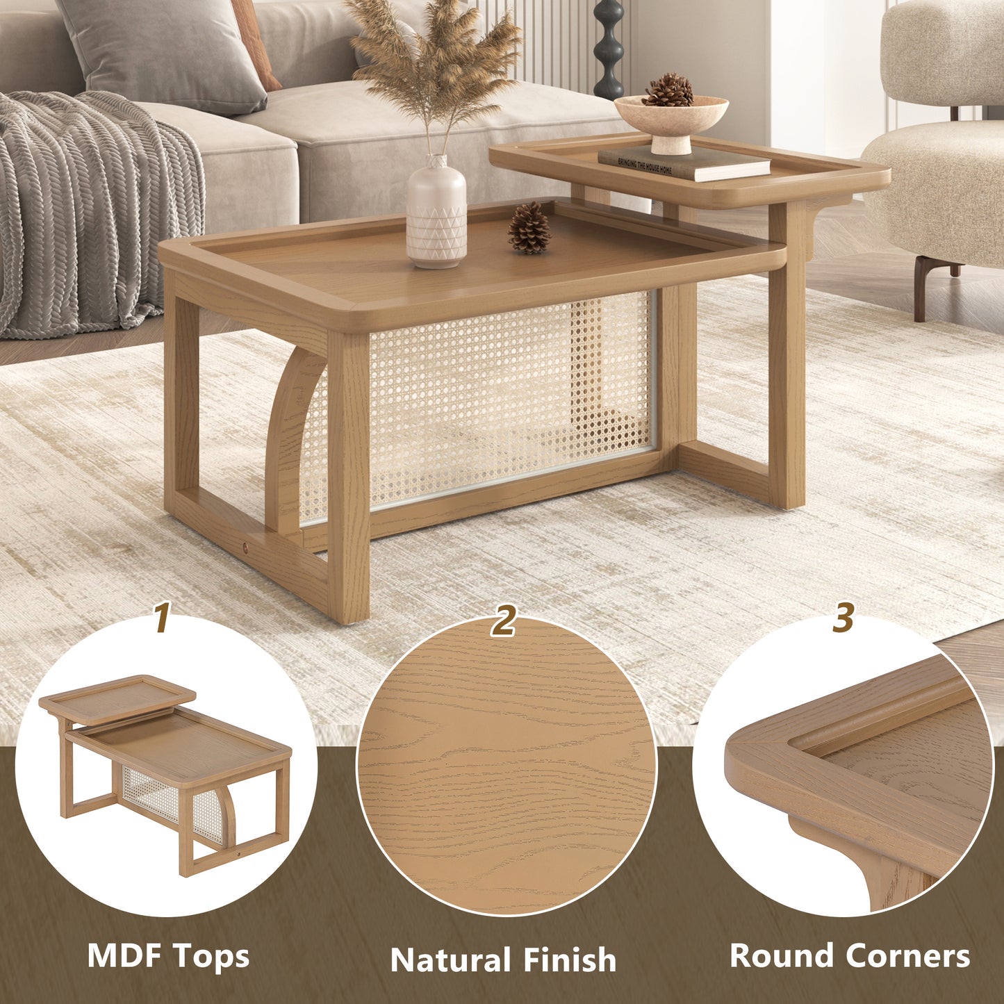 Modern 2 - Piece Nesting Coffee Table Set: Rattan Wood and MDF