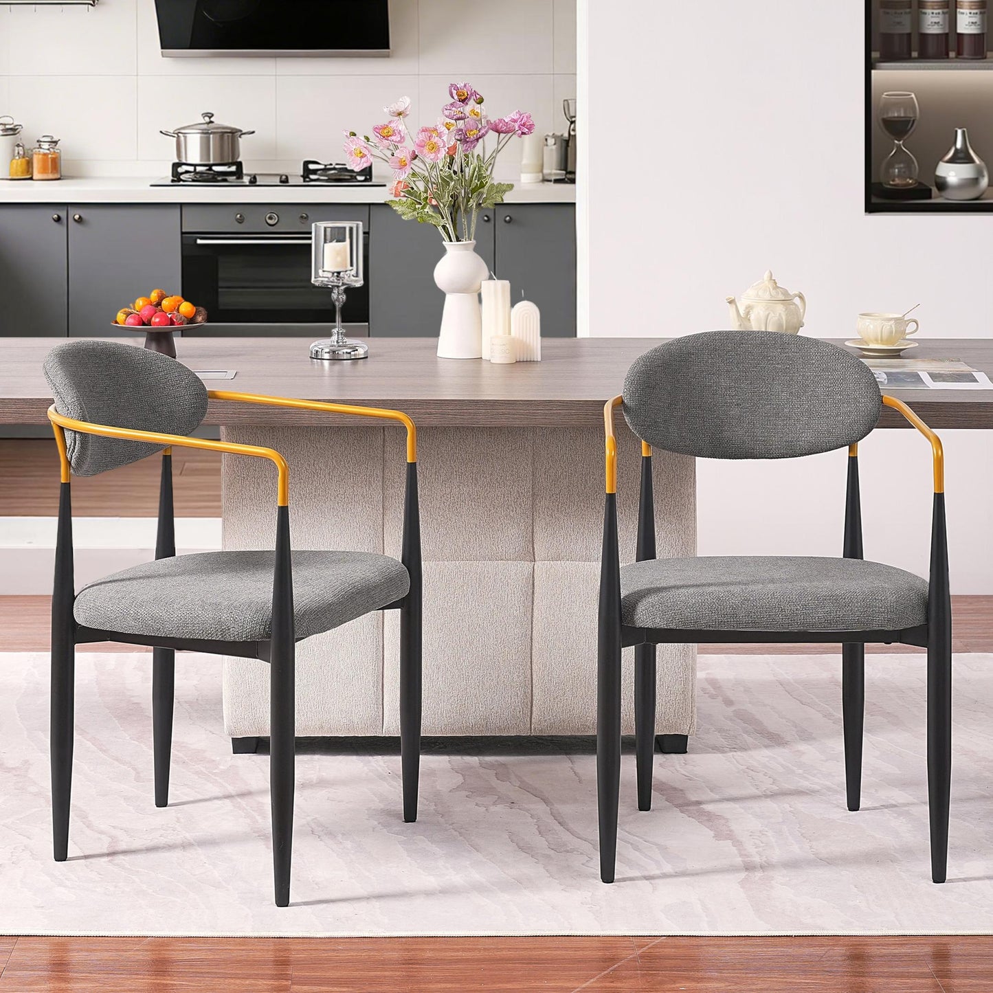 Modern Upholstered Dining Chair with Gold-Accented Armrests Set of 2
