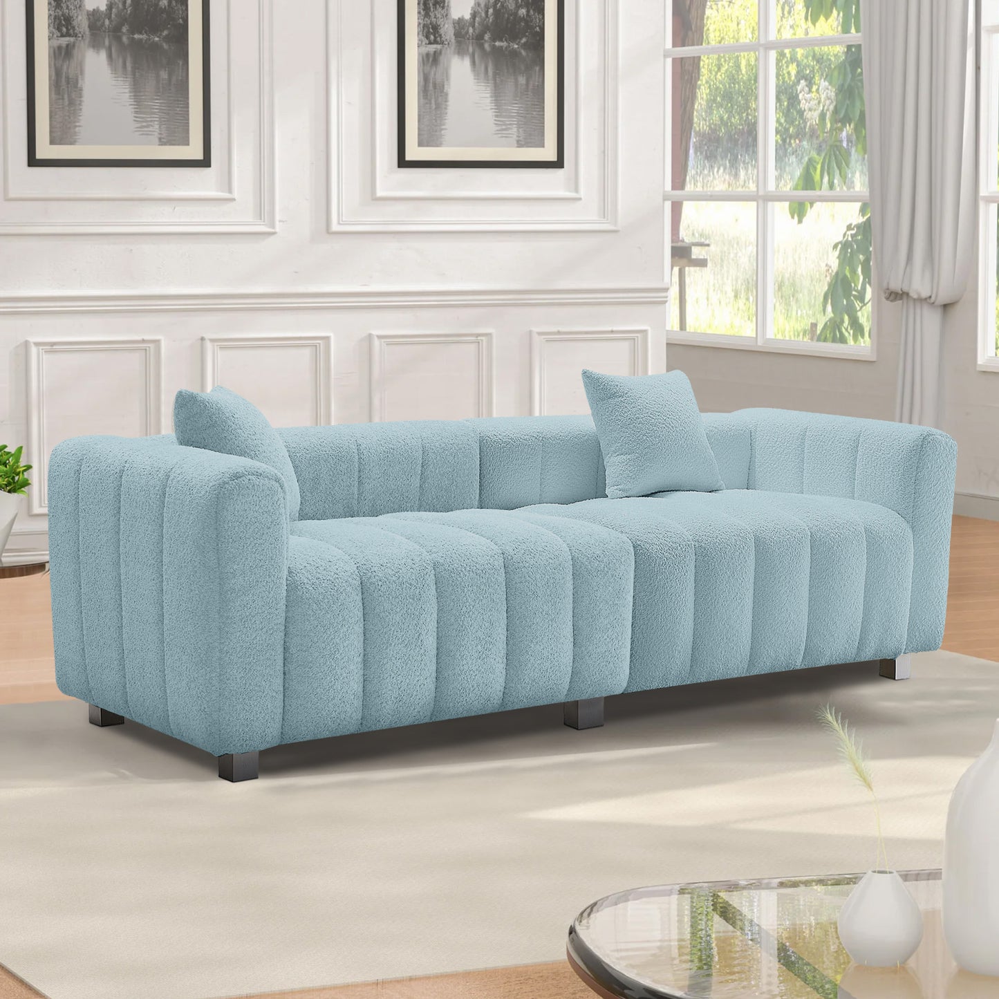 Premium Velvet Sofa 3-Seater Loveseat | Modern Bubble Upholstered Couch with Metal Base Legs + 2 Pillows – Modular Piano Design
