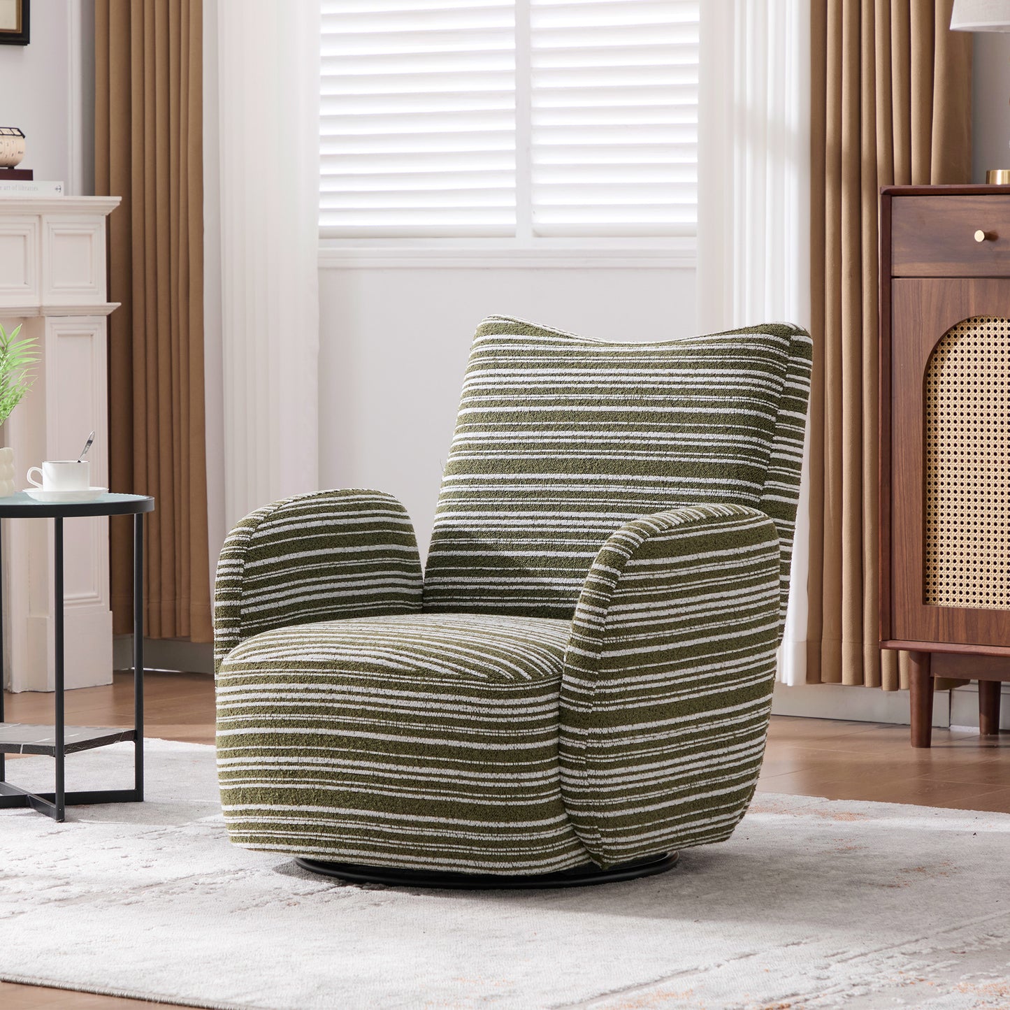 Swivel Leisure Chair | Fabric Striped Armrest Swivel Chair with Sand-Rimmed Fabric Metal Bracket – Boucle