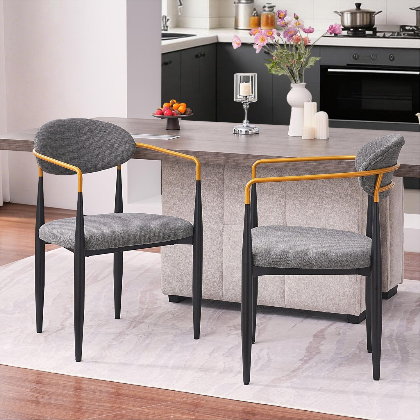 Modern Upholstered Dining Chair with Gold-Accented Armrests Set of 2