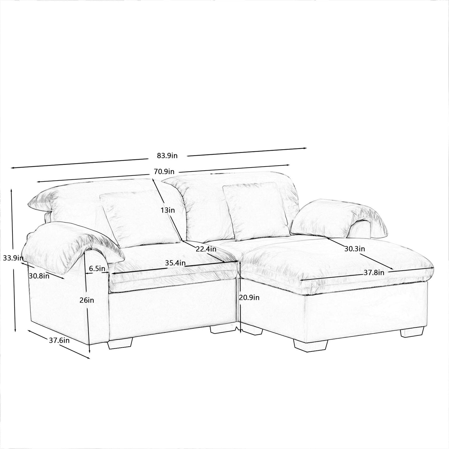 Deep - Seat Living Room Sofa: Single/Two - Seat with Storage & Fluffy Pillows