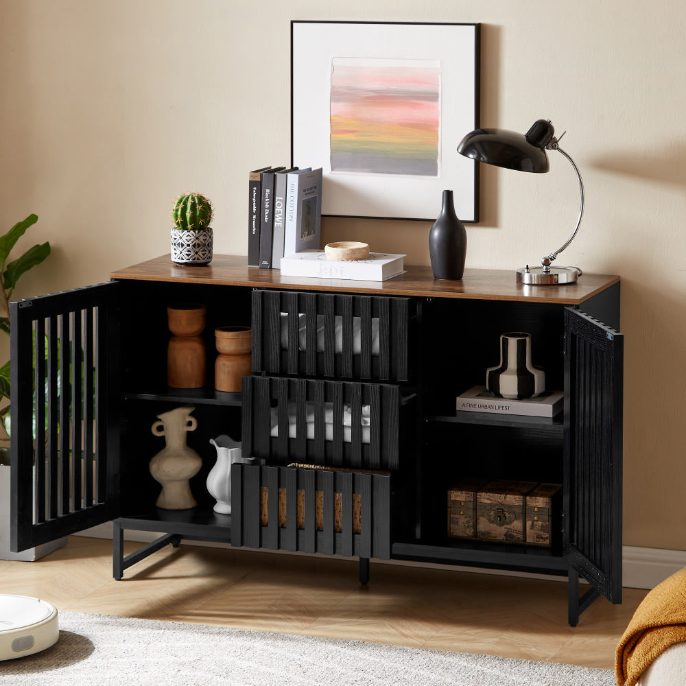 Modern Style Cabinet With Slatted Grille Striped Drawer & Door And Metal Leg