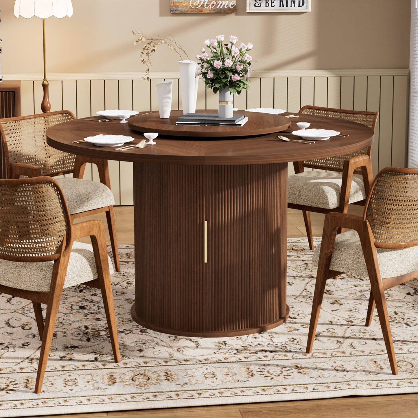 Round dining table with featuring a double-tiered storage rack and a rotating tabletop tray