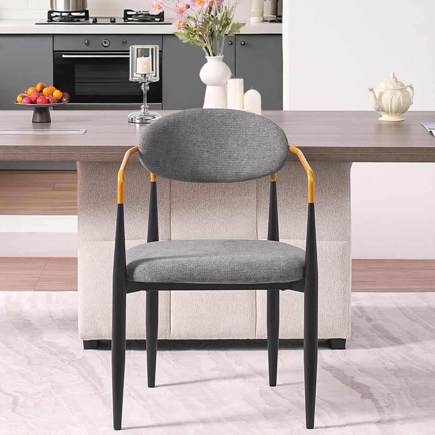 Modern Upholstered Dining Chair with Gold-Accented Armrests Set of 2