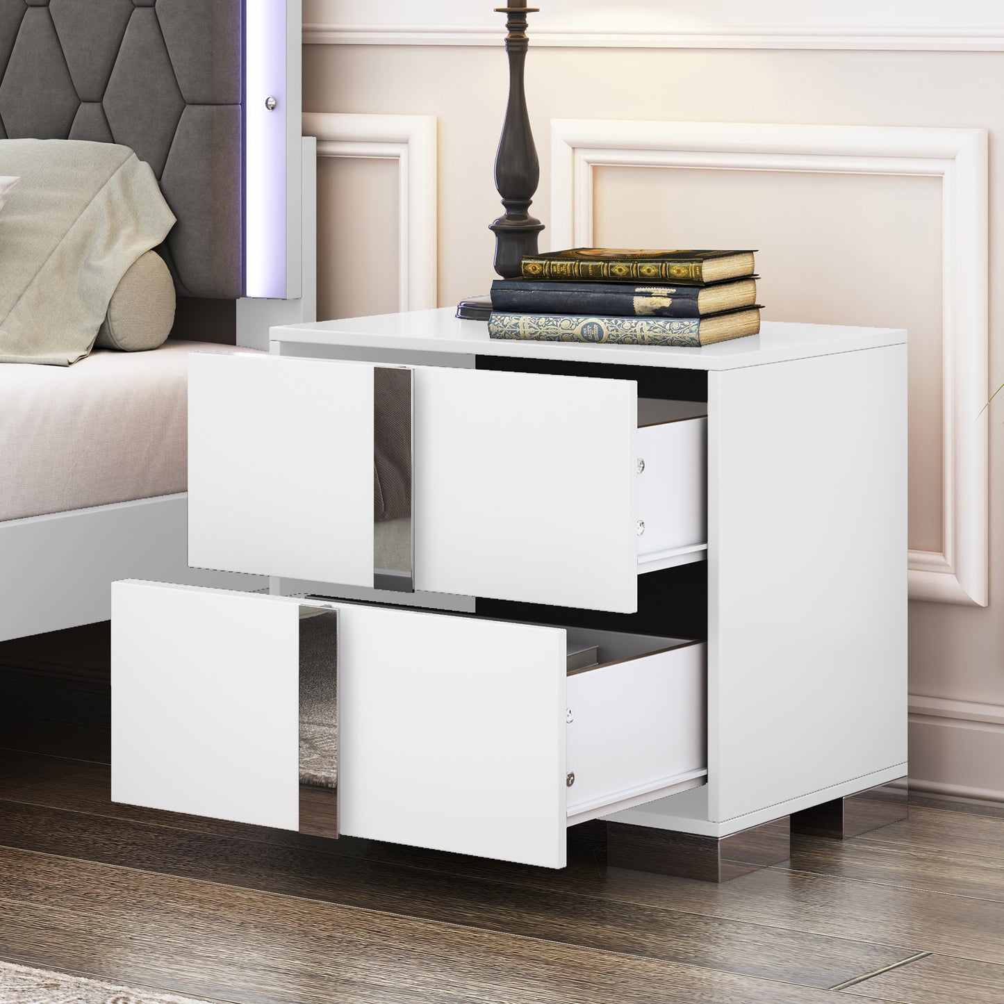 Nightstand with Metal Foot, Mirrored Bedside Table with 2 Drawers for Bedroom, Living Room
