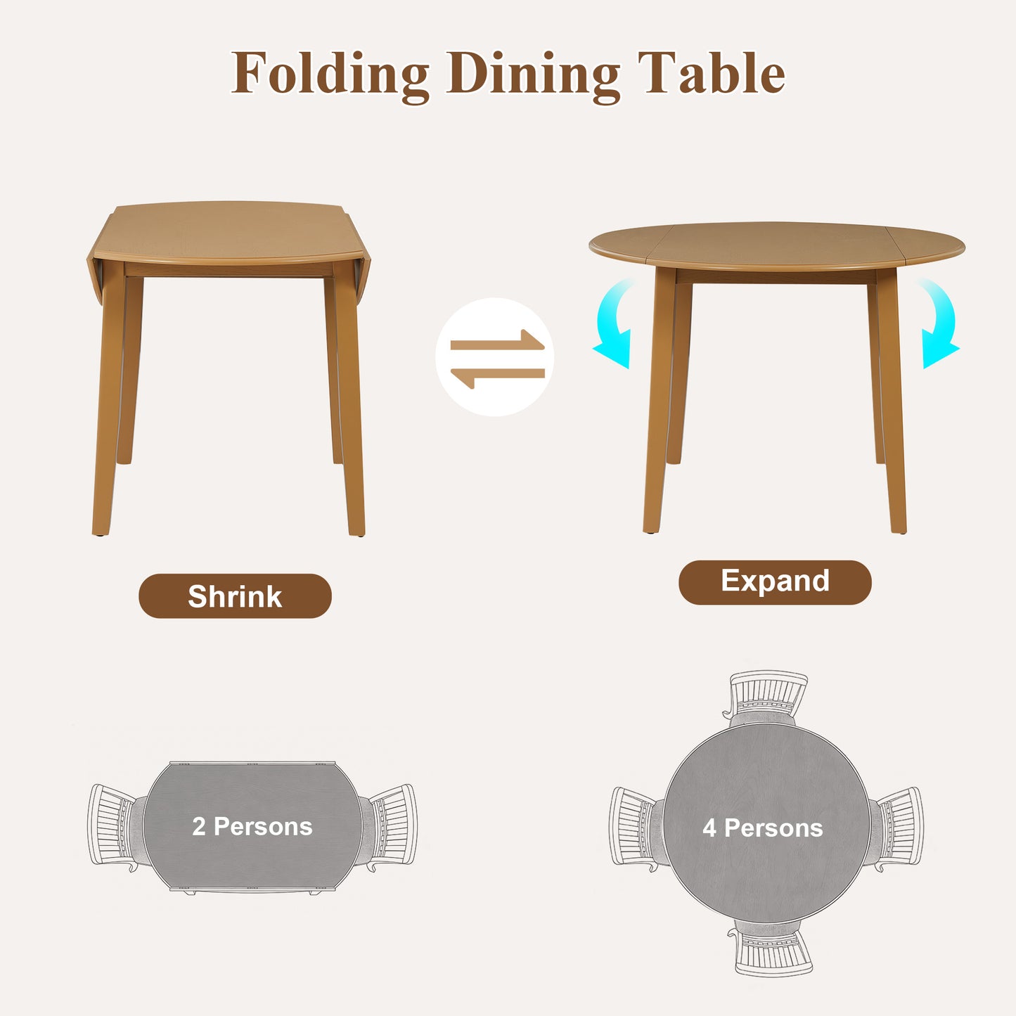 Folding Wood Dining Table + Upholstered Chairs Set for 2~4 People | Drop-Leaf Round Table, 250 lbs Capacity, 3 Color Options