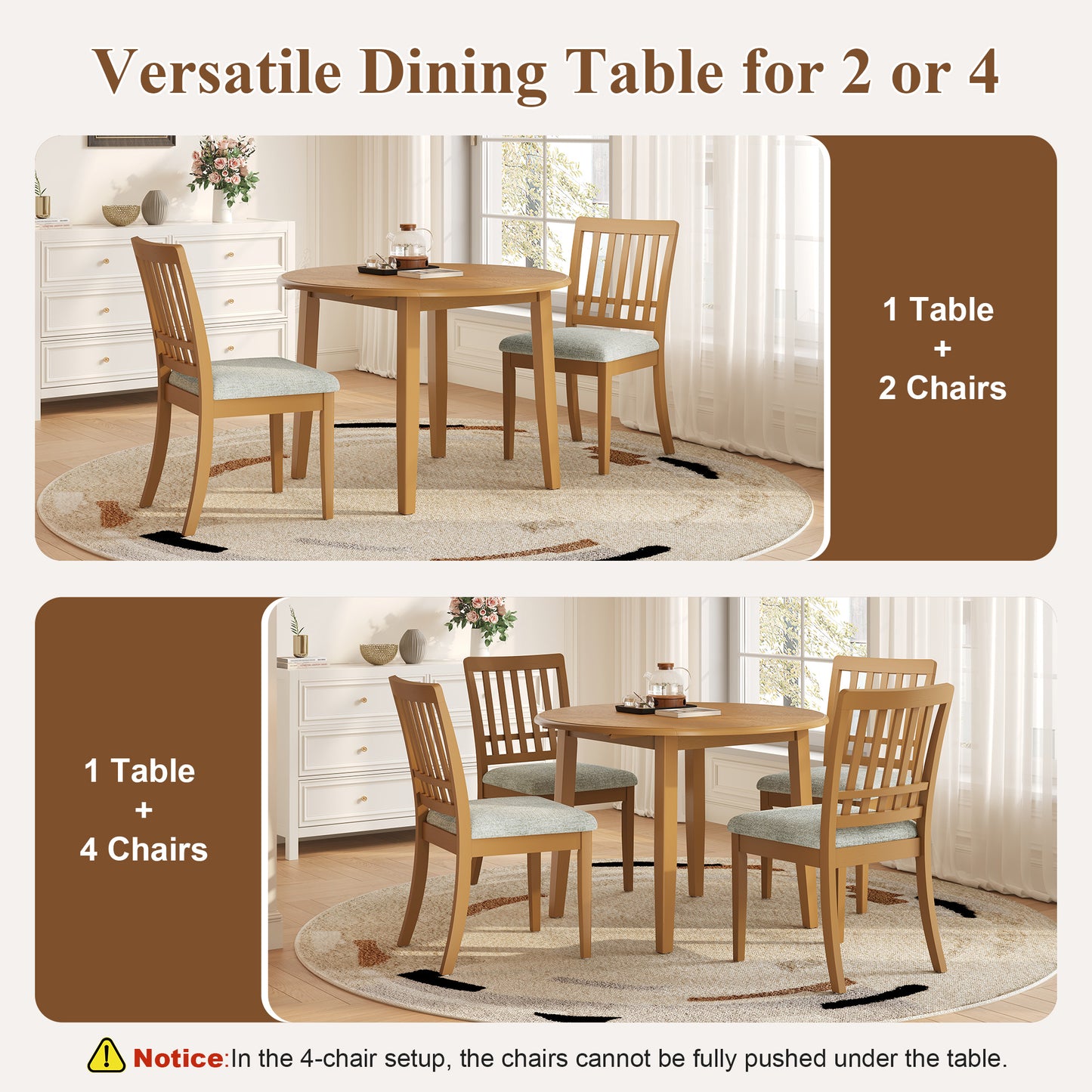 Folding Wood Dining Table + Upholstered Chairs Set for 2~4 People | Drop-Leaf Round Table, 250 lbs Capacity, 3 Color Options