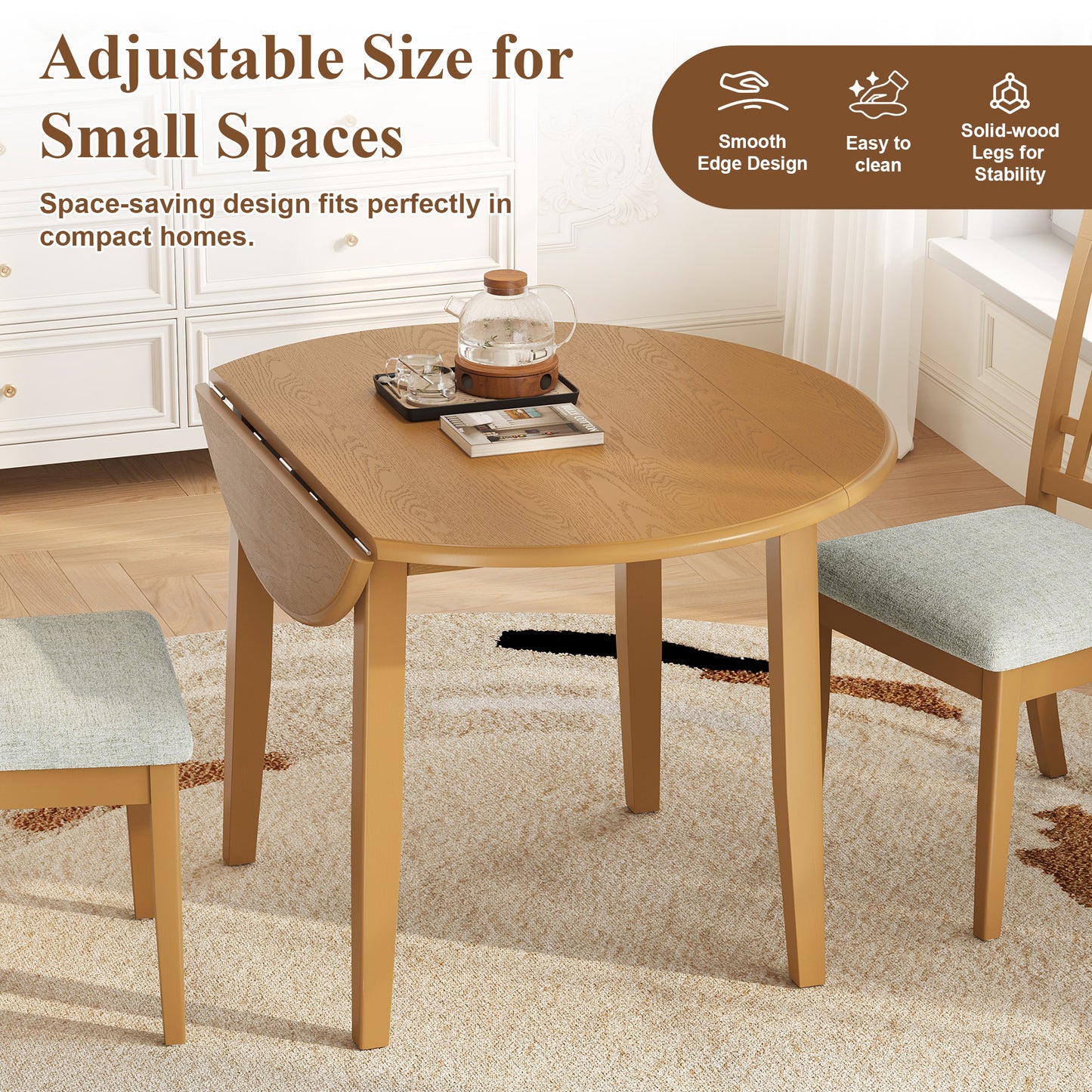 Folding Wood Dining Table + Upholstered Chairs Set for 2~4 People | Drop-Leaf Round Table, 250 lbs Capacity, 3 Color Options