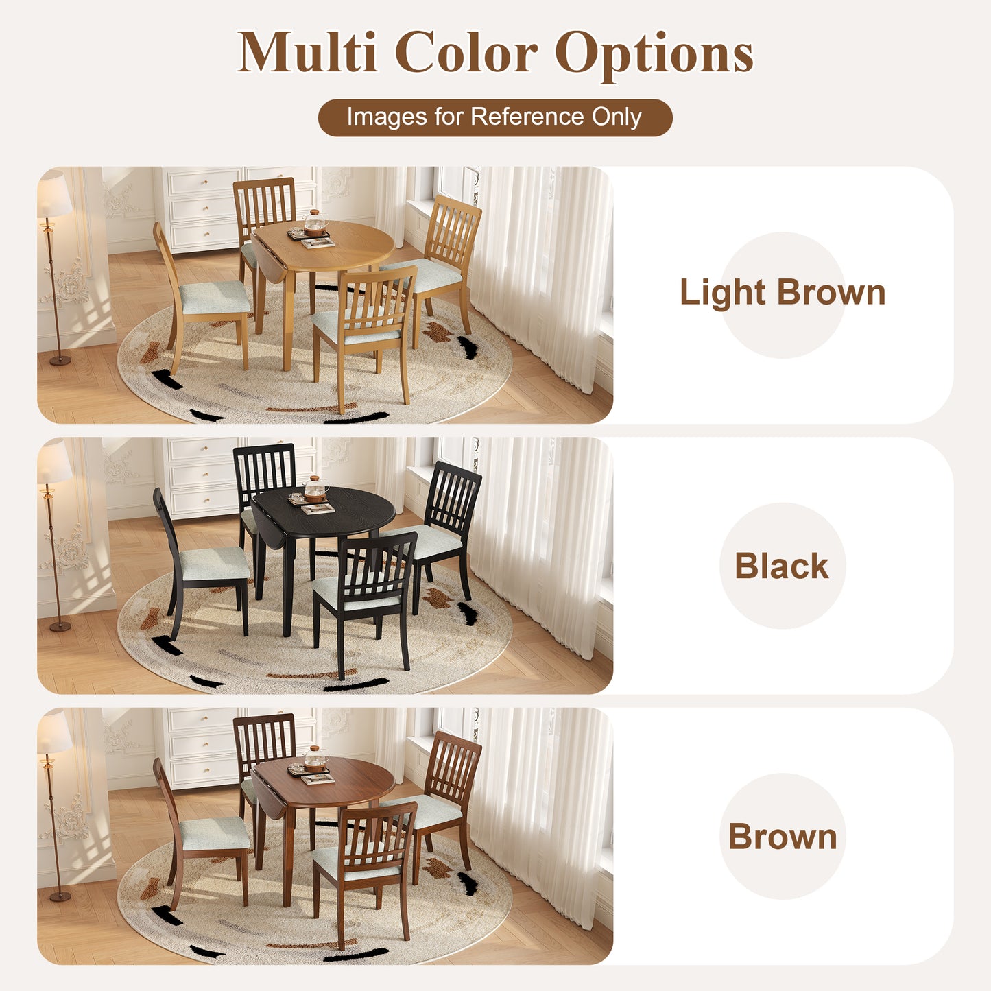 Folding Wood Dining Table + Upholstered Chairs Set for 2~4 People | Drop-Leaf Round Table, 250 lbs Capacity, 3 Color Options