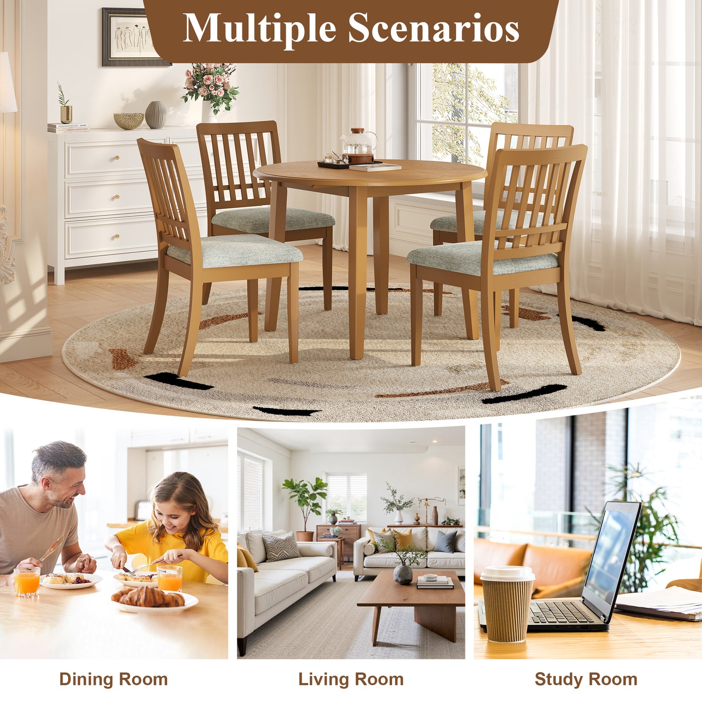 Folding Wood Dining Table + Upholstered Chairs Set for 2~4 People | Drop-Leaf Round Table, 250 lbs Capacity, 3 Color Options