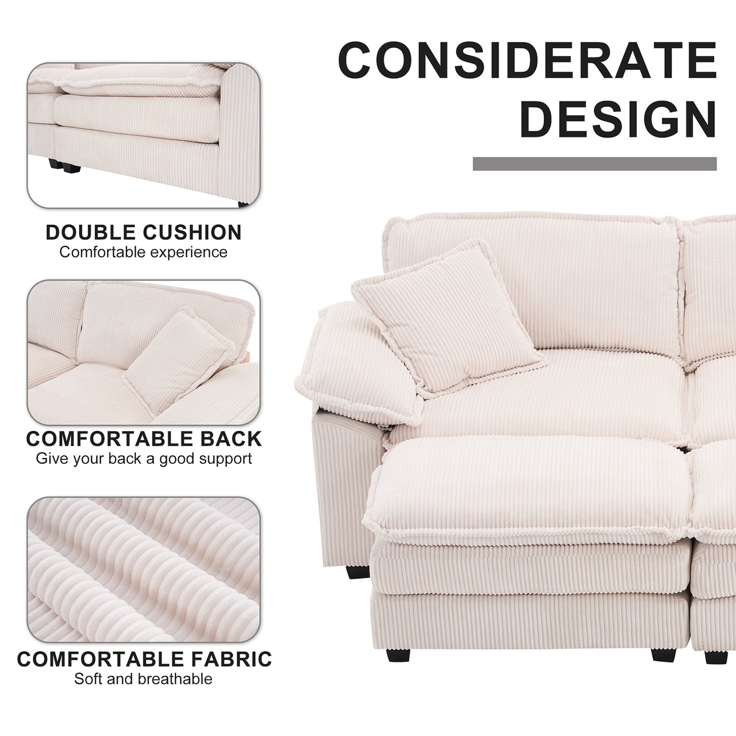 Corduroy 2-seats sofa With 2 back pillows,2 toss pillows and two ottoman