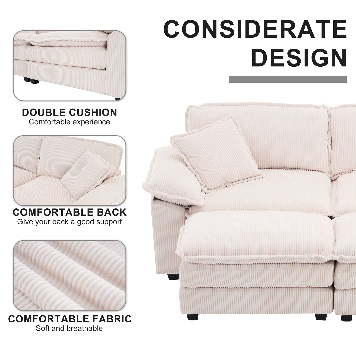 Corduroy 2-seats sofa With 2 back pillows,2 toss pillows and two ottoman,Comfy Sofa- Deep Seat Couch