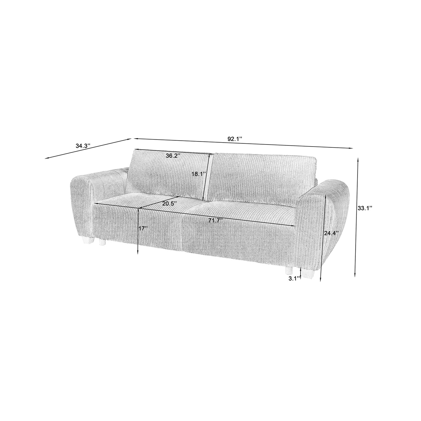 Corduroy Upholstered 3 Seat Sofa Couch,2-in-1 Convertible Sleeper Sofa