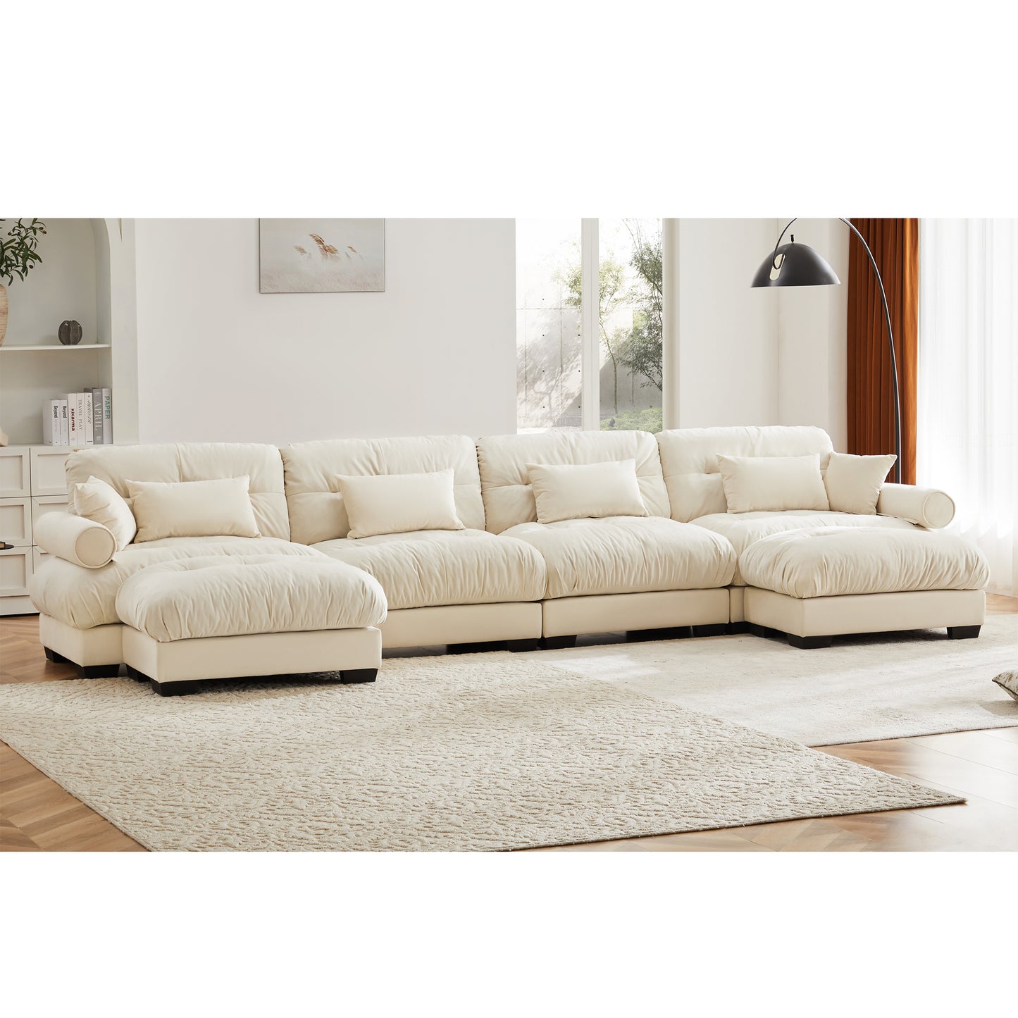 Deep Seat Cloud Couch in Cream: Modular Velvet Sectional with Bolstered Armrests 2-3-4 seats