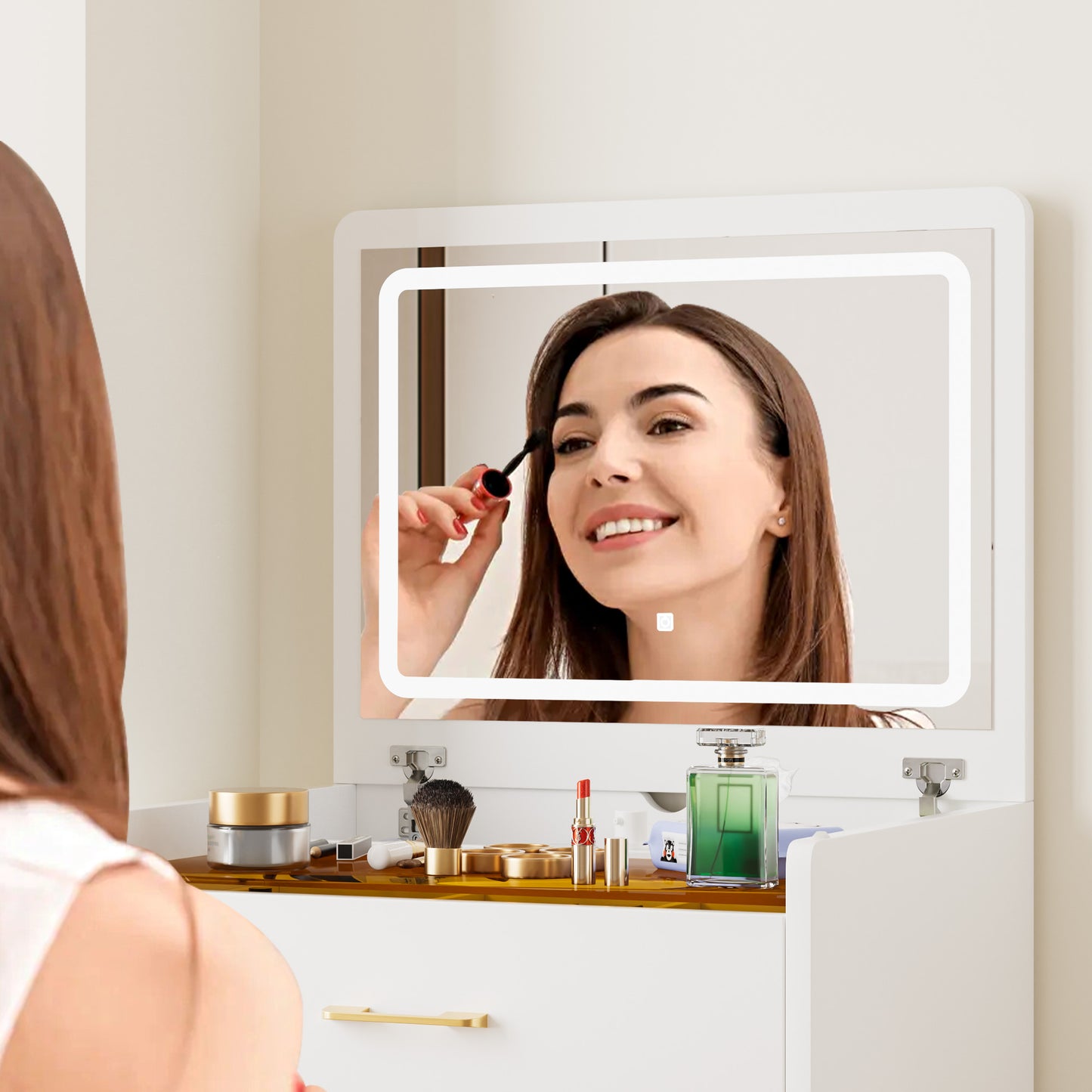 23.6'' Wide Makeup Vanity Table: Flip - Top Lighted, 3 - in - 1 with Storage Stool, Glass, LED, Power Outlet
