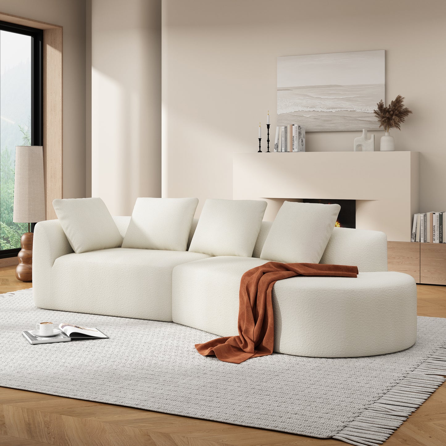 Fully Assembled 116" Modern Curved Sectional with Chaise: High - Density Compressed Sponge, Pearl Upholstery - Ideal for Living Rooms