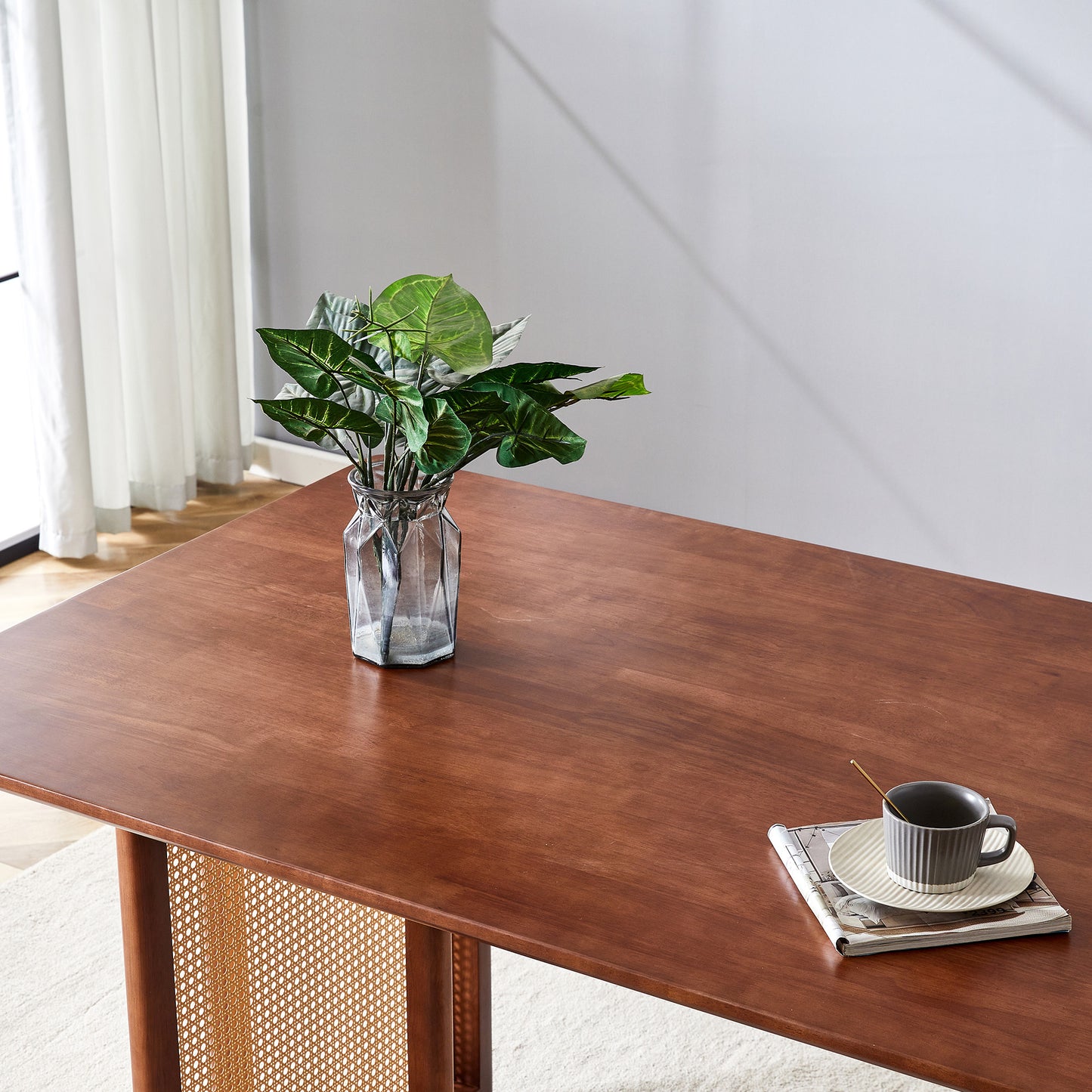 Ancient Style Solid Wood Dining Table Set: Imitation Rattan Legs, 4 - 6 Rubberwood Chairs