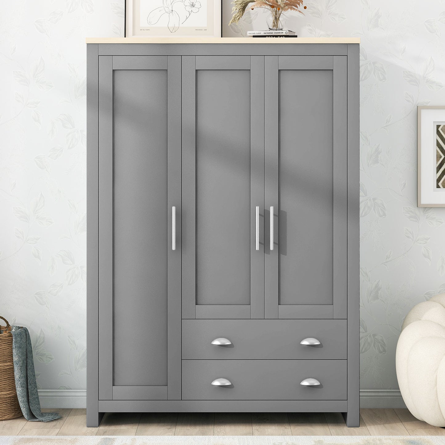 3 - Door Gray Storage Wardrobe: 2 Drawers, 2 Hanging Rods for Organized Storage