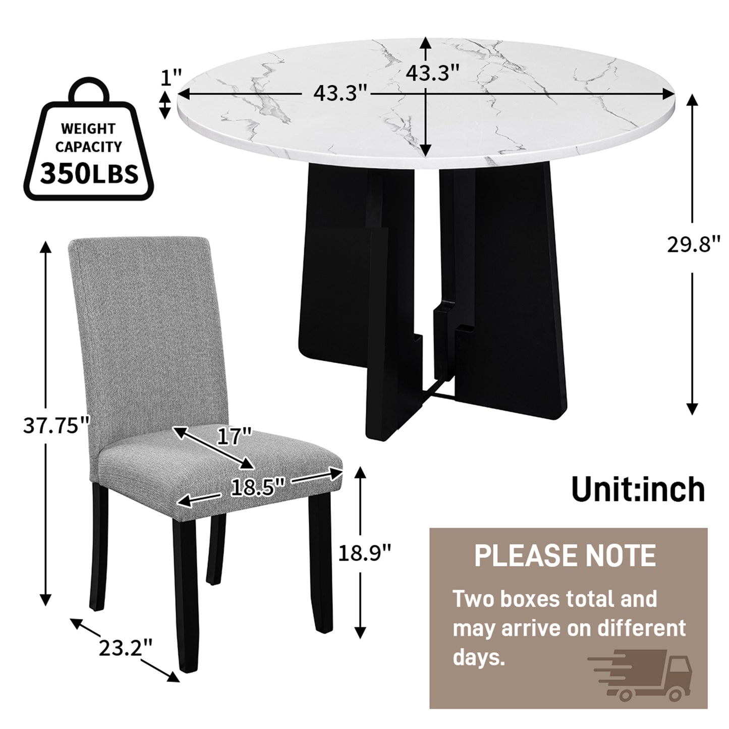 5 - Piece Round Dining Table Set: 43 - Inch Modern Table with 4 Upholstered Chairs, Easy Assembly for Dining Room