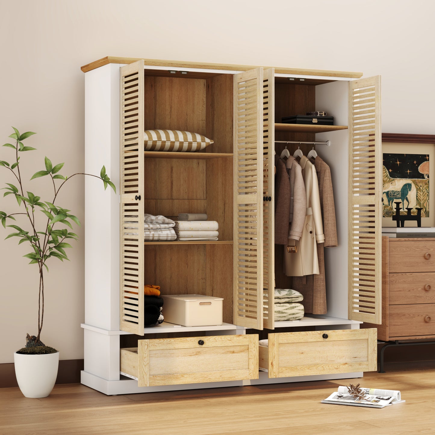 4 - Shutter Door Wardrobe Armoire: 2 Drawers for Organized Storage