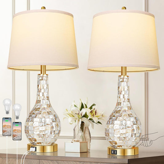 Gold Shell Pearl Tile Table Lamp Set of 2- Modern Coastal Style with USB Port for Office, Living Room, Bedroom