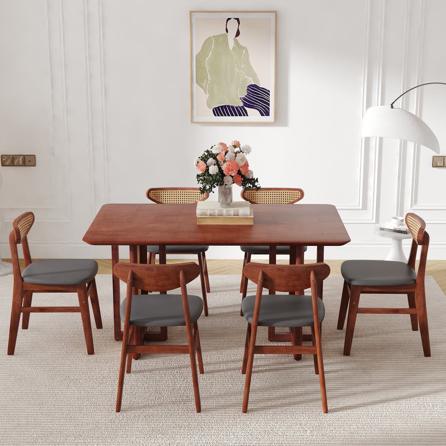 Ancient Style Solid Wood Dining Table Set: Imitation Rattan Legs, 4 - 6 Rubberwood Chairs