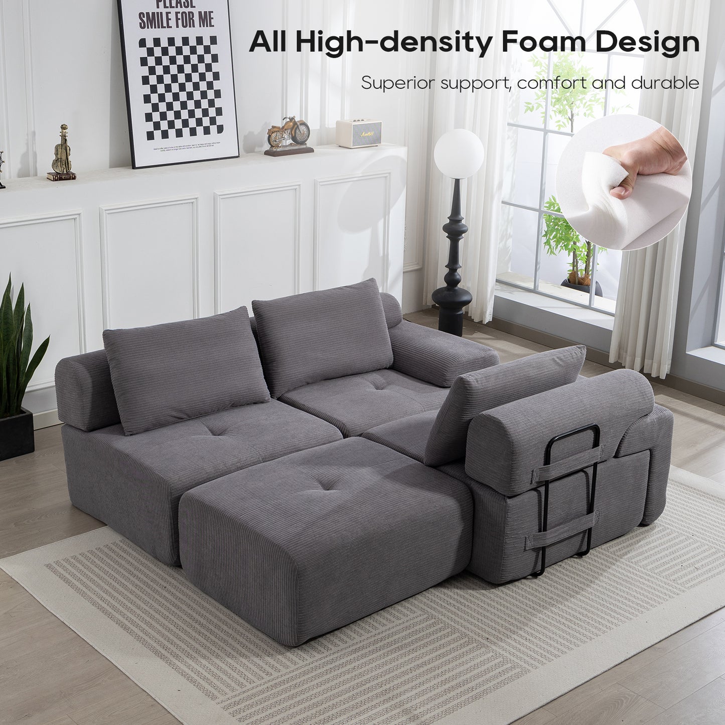 L-Shaped Sectional Sofa Bed – No Assembly, Memory Foam, Steel Frame (Grey/Green)