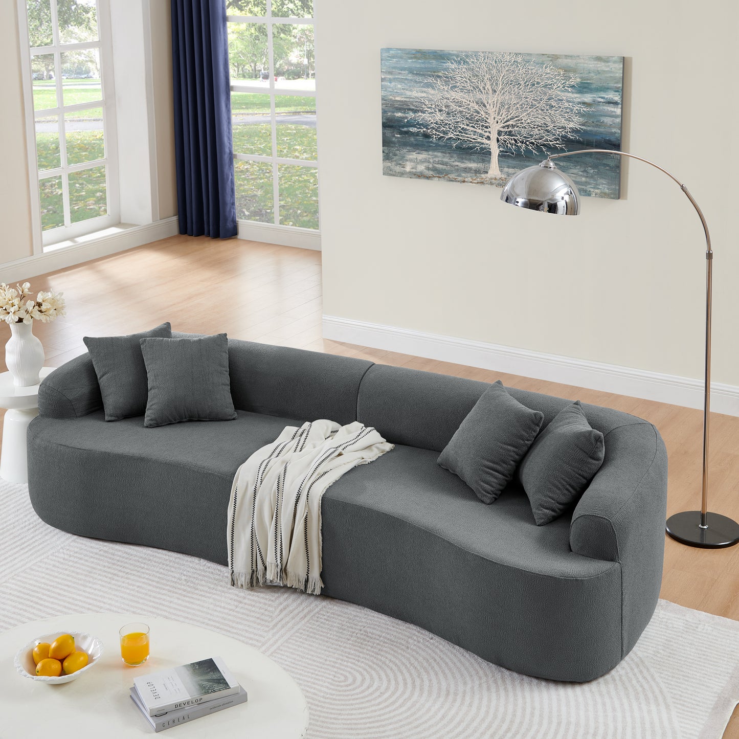Curved Modular Sectional Sofa in Lamb's Wool Fabric, Modern Minimalist Style, Compressed (No Assembly Required)