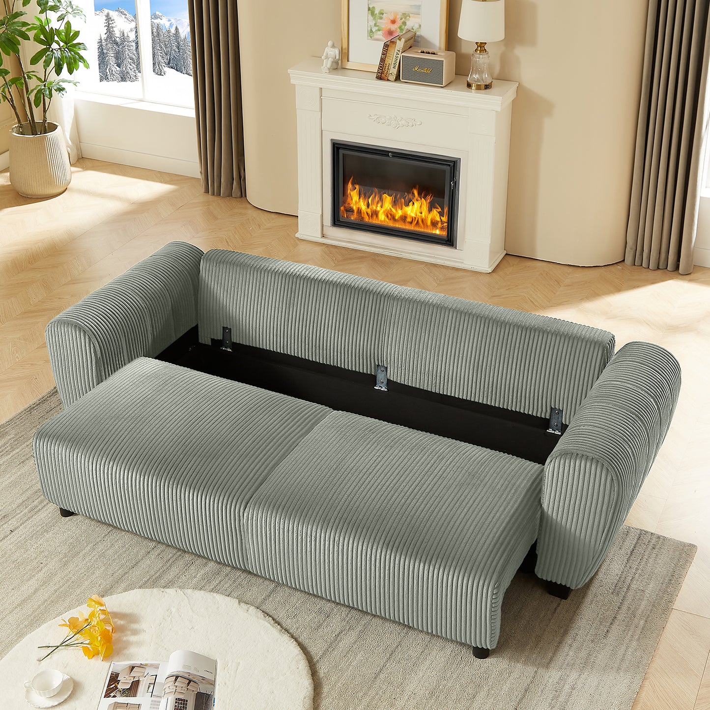 Corduroy Upholstered 3 Seat Sofa Couch,2-in-1 Convertible Sleeper Sofa