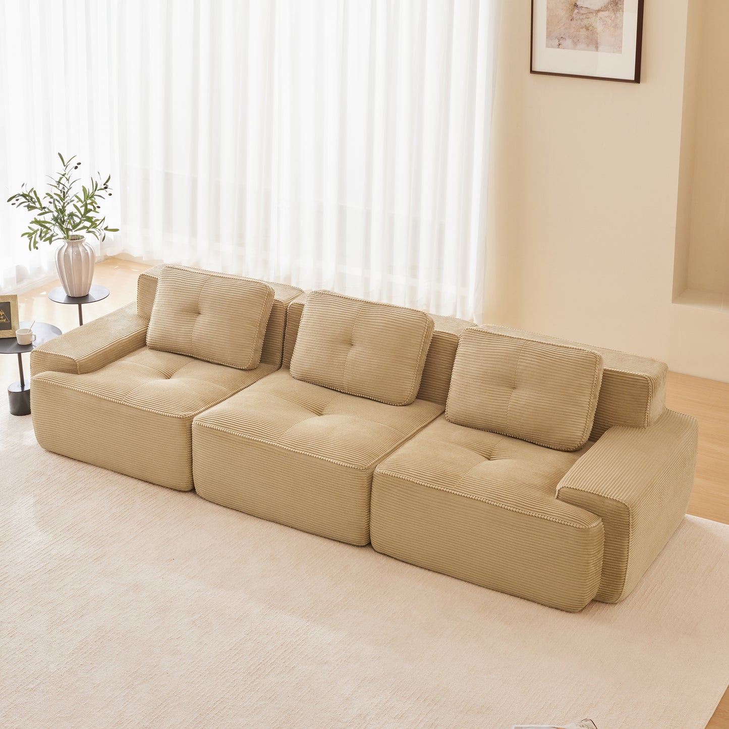 Modular Sectional Sofa for Living Room, Corduroy Fabric Deep Seat and Movable Ottoman, Pearl-like piping, Tufted Design, No Assembly