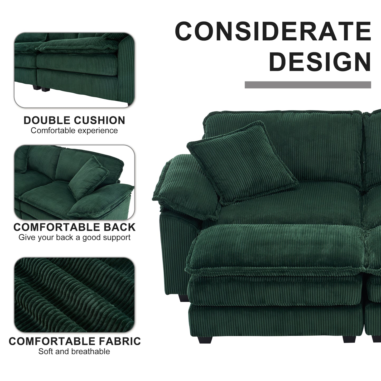 Corduroy 2-seats sofa With 2 back pillows,2 toss pillows and two ottoman,Comfy Sofa- Deep Seat Couch