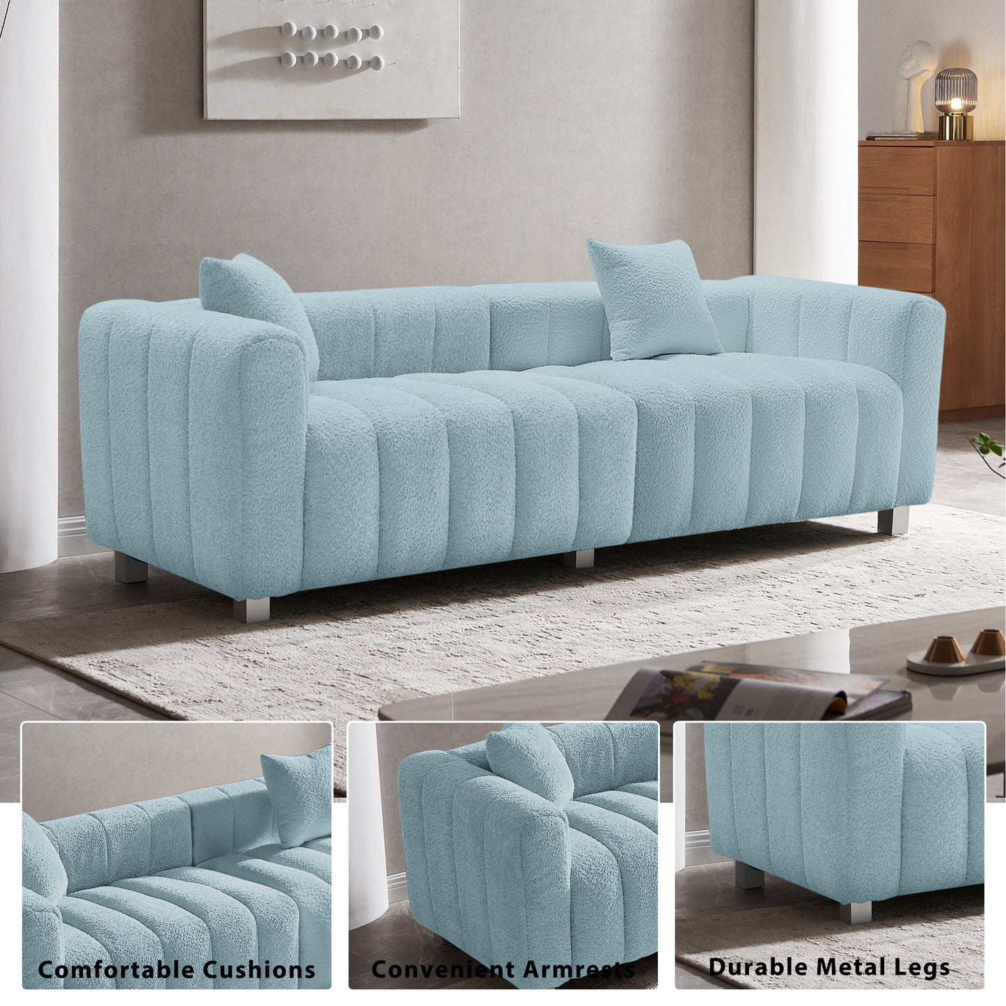 Premium Velvet Sofa 3-Seater Loveseat | Modern Bubble Upholstered Couch with Metal Base Legs + 2 Pillows – Modular Piano Design