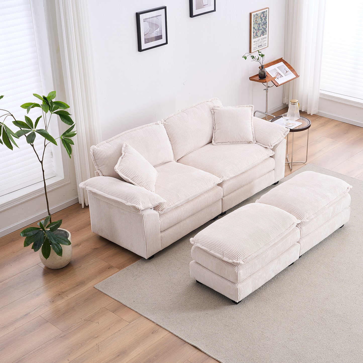Corduroy 2-seats sofa With 2 back pillows,2 toss pillows and two ottoman,Comfy Sofa- Deep Seat Couch