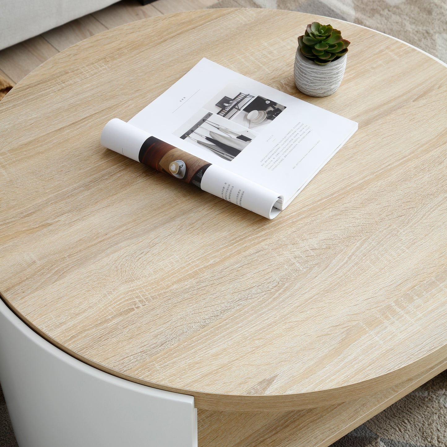 3 - Table Set: 31" Round Coffee Table for Living Room, 2 - Tier Rustic Wood with Storage Shelf