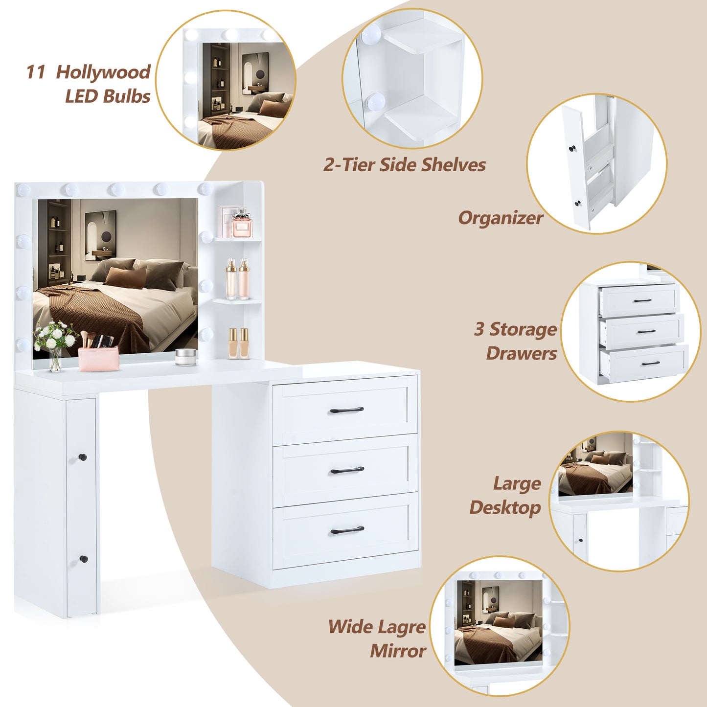 Makeup Vanity with Hollywood Lights: 5 Storage Drawers, 2 - Shelves, Freely Adjustable Side Cabine