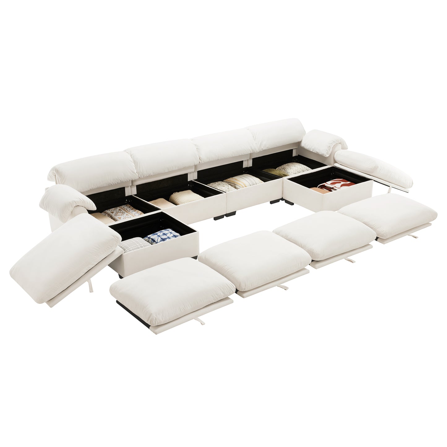 3 - 4 Seater Modular Sofa: U/L - Shape, Storage Ottomans, Velvet 2 Color