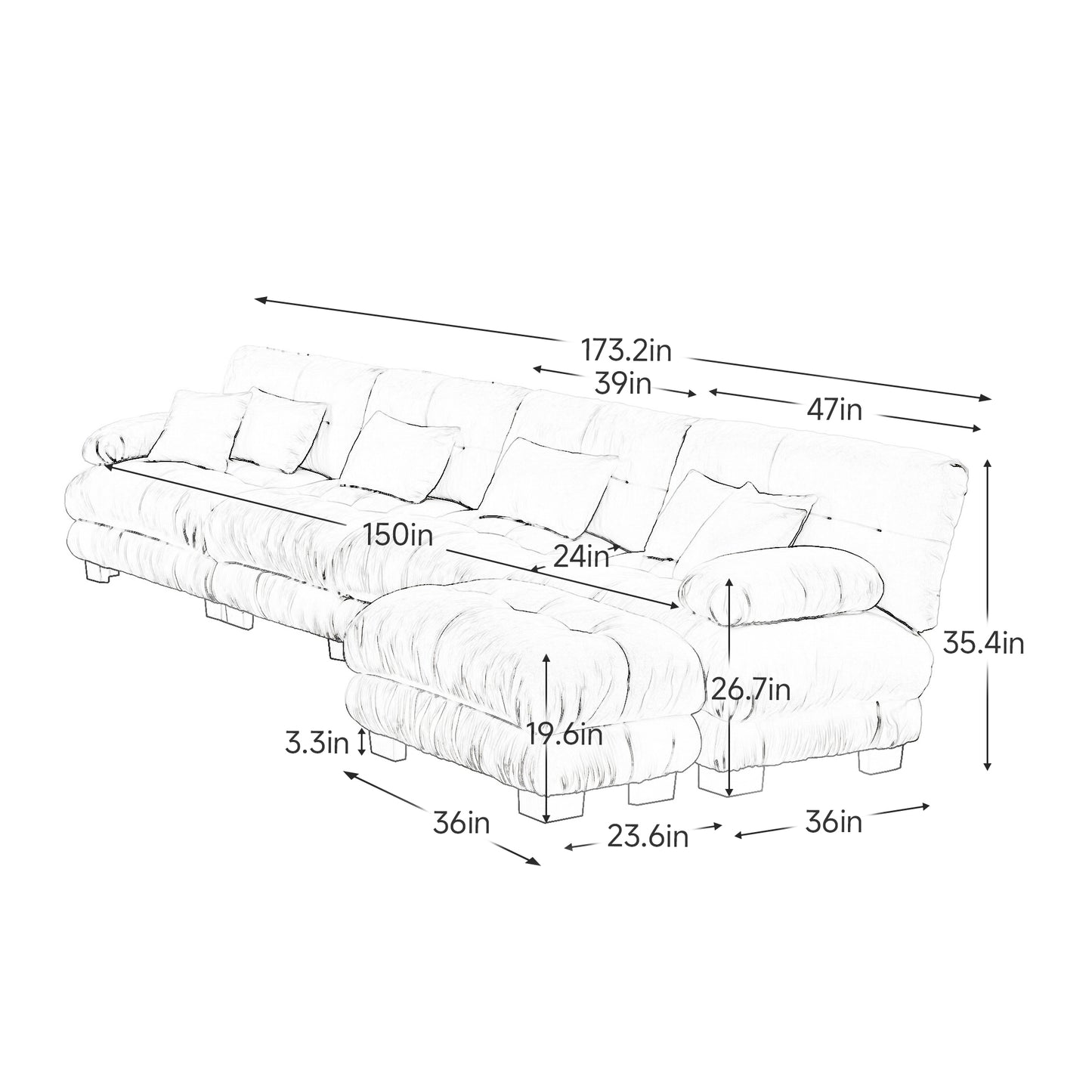 Chenille Cloud Couch: 2 - 4 Seater L - Shape Sofa for Living Room with Pillows