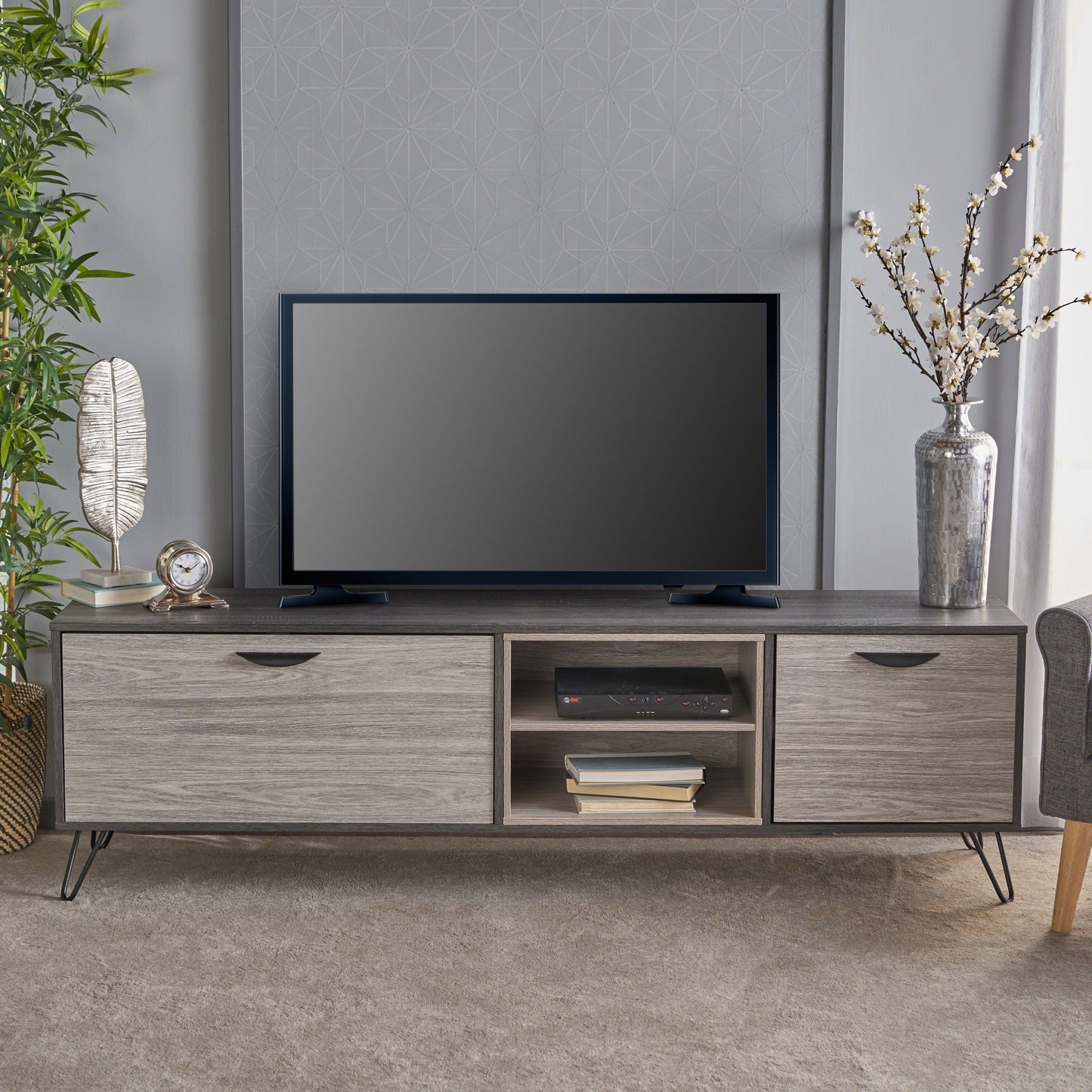 Modern Industrial TV Stand with Storage & Hairpin Legs