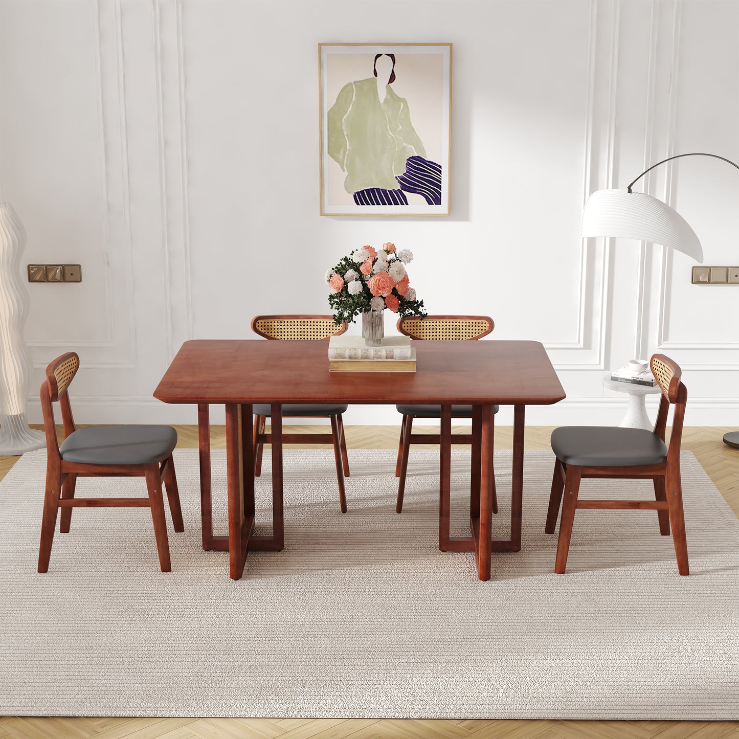 Ancient Style Solid Wood Dining Table Set: Imitation Rattan Legs, 4 - 6 Rubberwood Chairs