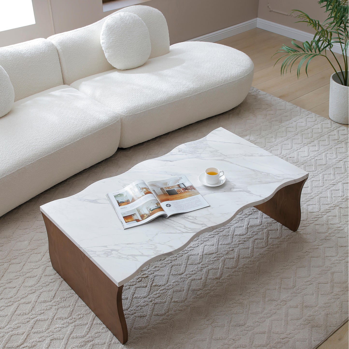 Modern Faux Marble Coffee Table  End Table Set | White Marble Top, Solid Wood Veneered Base – Flowing Wave Design, Natural/Walnut