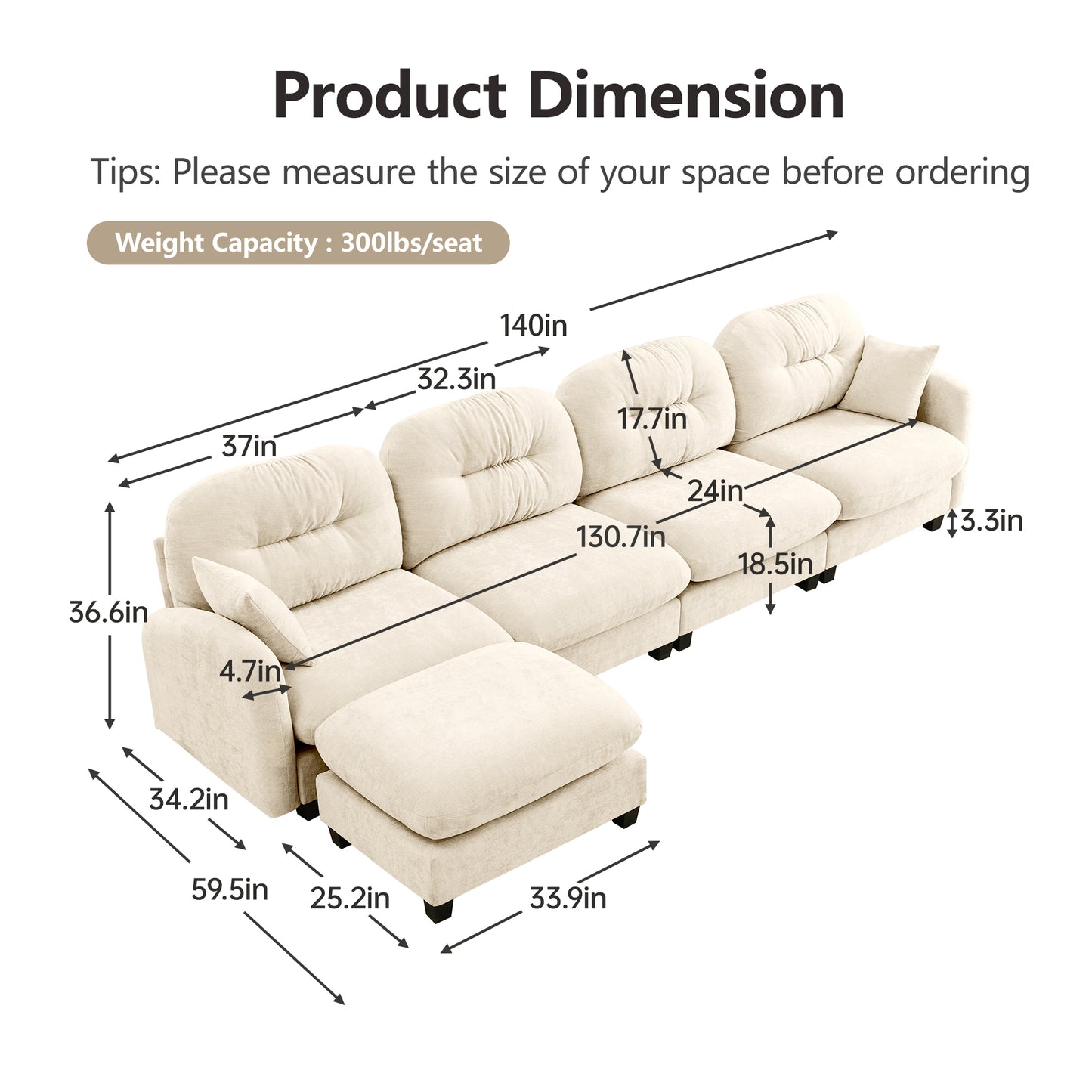 Modular Sectional Couch Chenille Fabric High-Density Foam 2-4 Seats ottoman Optional